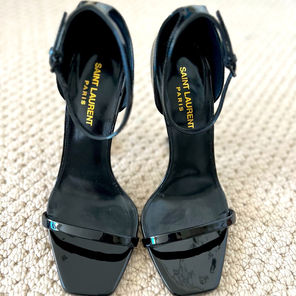 YSL ~ Saint Laurent, black patent leather Opyum Gold Ankle Strap Heels. Size 37